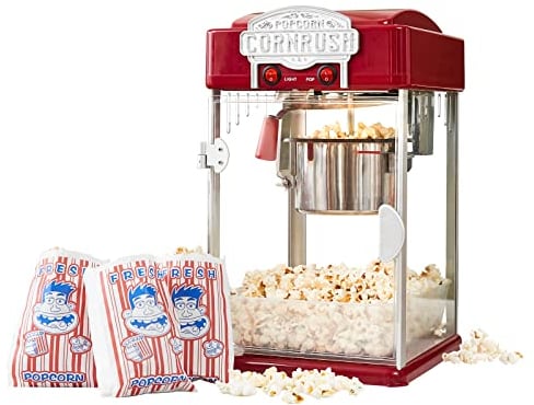 Popcorn Popper Machine-4 oz Vintage Profesional Popcorn Maker Teatro Estilo con Hervidor Antiadherente Calentamiento Luz y Cuchara de Servicio. (Rojo)