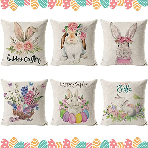 6 Stück Ostern Kissenbezug 45x45 cm, Dekorative Kissenbezug Osterdeko, Kissen Leinen Kissenbezüge, Kissenbezug Hasen und Eiern Muster, Kissenhülle Sofakissen für Ostern,Sofa,Couch,Bett,Home Decor
