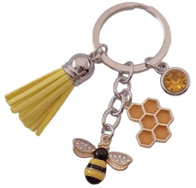 Genérico Porte-clés abeille,Porte-clés abeille ou guêpe avec ruche de miel, pompon et complément jaune,Porte-clés pour amoureux des abeilles ou des insectes, argent, XL