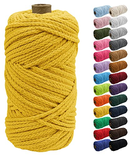 Uiopa Macrame Cord 5mm x 90m, Thick Macrame Rope 8-Strand Braided Cotton Rope, Yellow Cotton Cord for Plant Hangers, Wall Hanging, Dream Catcher, Garden, DIY Projects