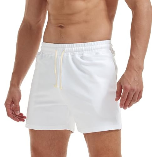AIMPACT Mens Jogger Shorts 5 Inch Mens Sweat Shorts Elastic Waist Shorts Drawstring Cotton Casual Shorts with Pockets (White-M)