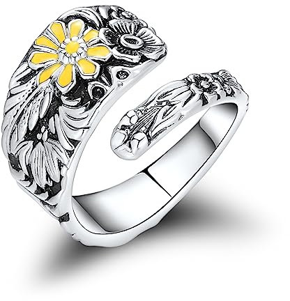Zaoune Spoon Rings for Women Vintage Dragonfly, Cross Spoon Rings, Sunflower Spoon Rings Boho Victorian Thumb Jewelry, Platinum, No Gemstone