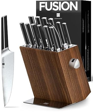 ZUNMARK Set Coltelli da Cucina, 14 PZ con Portacoltelli, Acciaio Tedesco X50CrMoV15 Alto Carbonio, Design Salva-Spazio per Cucine Domestiche e Professionali, Nero