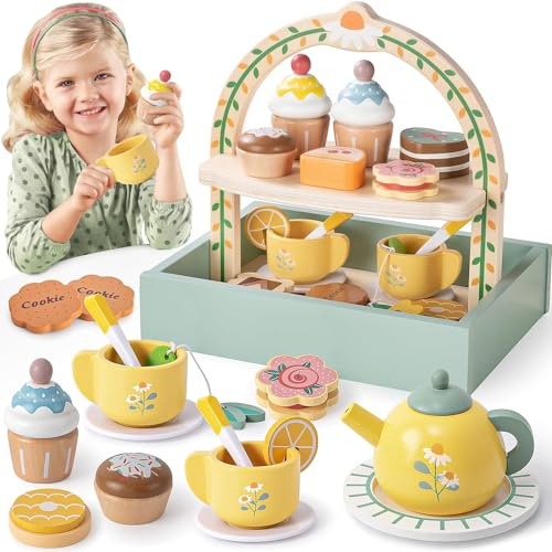 Atoylink 26PCS Wooden Tea Set - Tea Party Set with Wooden Food, Cupcake Stand, Kitchen Accessories - Role Play Toys - Educational Toys for 2-6+ Years Old Girls & Boys