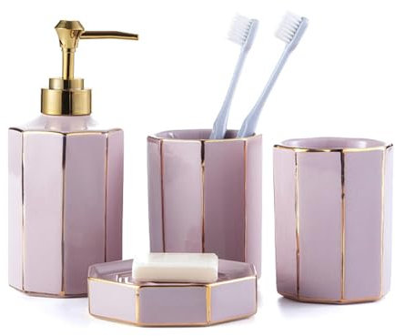 Bathroom Soap and Toothbrush Holder Set, 4 Pcs Pink Bathroom Accessories, Bathroom Accessory Set, Ceramic Bathroom Accessories Set, Include Toothbrush Holder, Tumbler, Soap Dish, Soap Dispenser