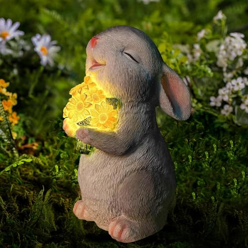 Umikk Solar-Kaninchen-Gartenstatuen, Hase mit Blumen umarmen Solarlampe Deko Bunny Figur Dekoration Zimmer Garten Lustig Geschenke, Valentinstag Jahrestag Geschenke für Frauen