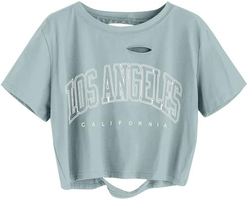 Sofia's Choice Damen Crop Top T Shirt Kurzarm mit Buchstaben Bauchfrei Oberteil Ripped Tee Grün M