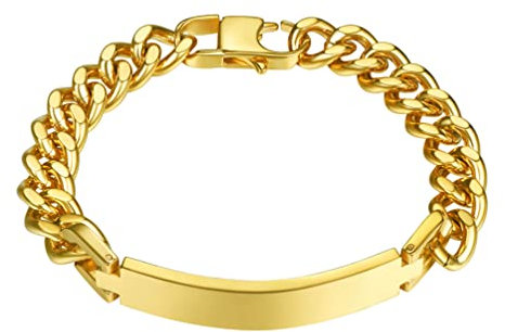 PROSTEEL Pulsera Esclava Hombre Oro Pulseras Acero Inoxidable Dorado Cadena Cubana con Placa 19cm Largo ID Brazalete Pulsera para Hijos Padres Amigos Parejas