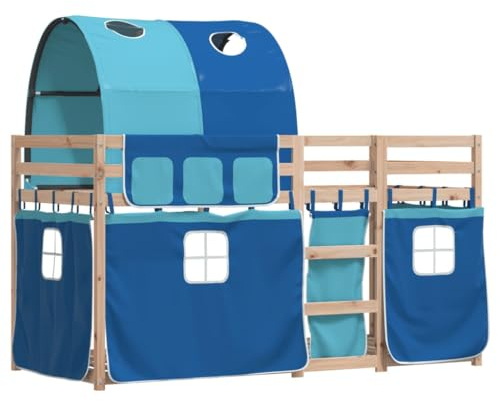 vidaXL Etagenbett, Kinderbett mit Vorhängen Leiter, Hochbett Spielbett für Kinder ab 6 Jahren, Doppel Stockbett Bett, Blau 90x190cm Massivholz Kiefer