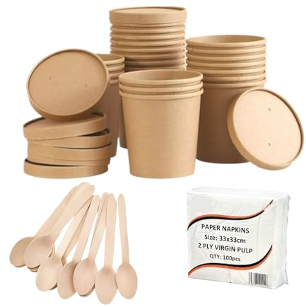 HOT BARGAINS 100 X 8oz Disposable Soup Cups with Lids + 100 Spoon + 100 Paper Napkins for Takeaway Eco-Friendly (8oz)