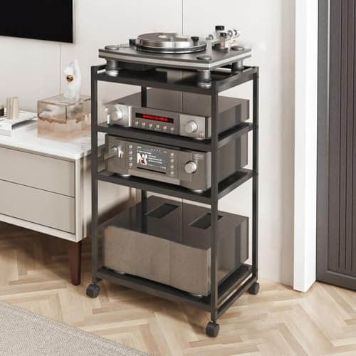 BAYTEWJX 3/4 Livelli Armadio Audio HiFi Rack Rack Audio Mobile con Ruote Universali Audio AV Tower Media Stand Mobile Stereo HiFi Rack HiFi Aperto Multifunzione per Soggiorno Ufficio.(50x35.1x88cm)