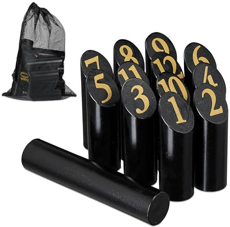 Relaxdays Kubb Wikingerspiel, finnisches Wurfspiel, Holz, Outdoorspiel mit Zahlen, Erwachsene u. Kinder, Tasche, schwarz