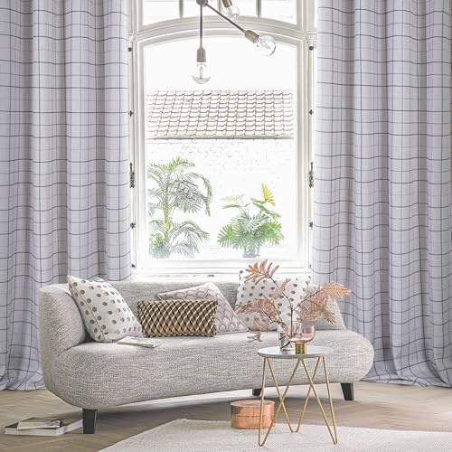 always4u Rideaux à Carreaux en Faux Lin, Rideaux Semi-Transparent à Oeillets, Filtrage de la Lumière, pour Salons et Chambres à Coucher, Blanc 140x245cm Lot de 2
