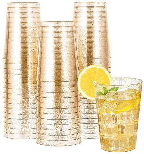 Bukuhlio Lot de 50 gobelets en Paillettes d'or - 280 ml - Réutilisables - Élégantes - Pour fête, champagne, bière, cocktail, martini, soda et dessert (9,5 x 7,5 cm)