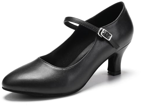 JUODVMP Black Character Dance Shoes for Women Ankle Strap Stage Heels Modern Tango Latin Dancing Shoes
