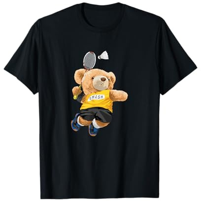 Teddy Bear Playing Badminton Illustration Graphic Designs T-Shirt