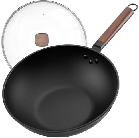 Jobin 33cm/13inch Premium Wokpfanne mit Glasdeckel - Kohlenstoffstahl Wok ohne chemische Beschichtung, Ideal für Asiatische Küche, Induktionstauglich für Gasherd, Elektro- und Ceranfeld