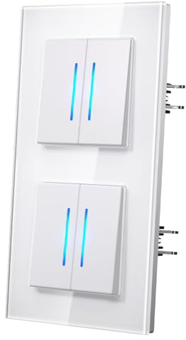 MVAVA Lichtschalter Unterputz, Lichtschalter mit Blaue Leuchtstreifen, Moderne Glas Schalter, Einfache Montage 157mm*86mm Wandschalter, Doppelt 2 Fach 1 Weg Weiß