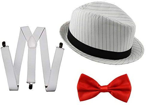 20er Jahre Gangster Kostüm Set für Herren I Hut - Hosenträger - Fliege I Weiß - Rot I 1920er Mafia Accessoire Outfit
