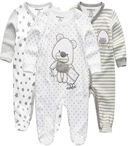 Kiddiezoom Pelele de algodón con pies, cómodo, para bebés y niños, manga larga, pijama, Oso gris y estrella y oso a rayas, 1 mes
