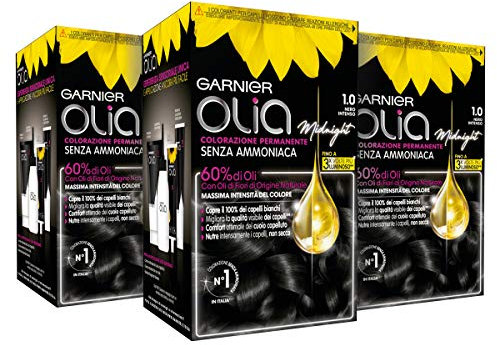 Garnier Tinta Capelli Senza Ammoniaca Olia, Con Oli Di Fiori Di Origine Naturale, 1.0 Nero Intenso, 3 Unità (Confezione da 1)
