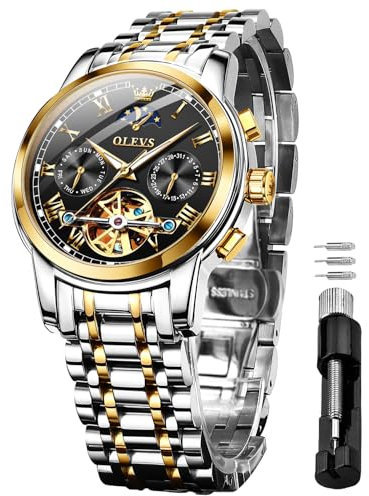 Herren-Automatikuhren, luxuriöses Design, mechanische Automatikuhr, selbstaufziehend, Mondphase, Tag und Nacht, Edelstahl, leuchtende Uhren, Geschenke Zweifarbiges Armband und schwarzes Zifferblatt