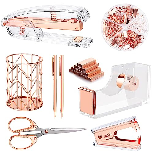 Famassi Roségoldenes Schreibtischzubehör, Bürobedarf-Set, Acryl-Hefter-Set, Heftklammerentferner, Klebebandhalter, Stifthalter, 2 Kugelschreiber, Binder-Clips, Büroklammern und 1000 Heftklammern.