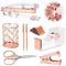 Famassi Roségoldenes Schreibtischzubehör, Bürobedarf-Set, Acryl-Hefter-Set, Heftklammerentferner, Klebebandhalter, Stifthalter, 2 Kugelschreiber, Binder-Clips, Büroklammern und 1000 Heftklammern.