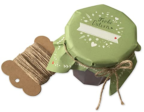 25 Marmeladendeckchen - Frohe Ostern - Gläserdeckchen grün weiß für Marmelade, Marmeladengläser & Einmachgläser, Recyclingpapier Abreißblock + 10 m Jute Garn + Justiergummi