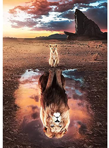 QENSPE Diamond Painting Löwe Diamant Painting 5D Diamond Painting Kit Erwachsene Gobi Reflektion Full Diamant Bilder Kinder Malerei Stickerei Set Kreuzstich Bilder Home Wand Dekor 30x40cm