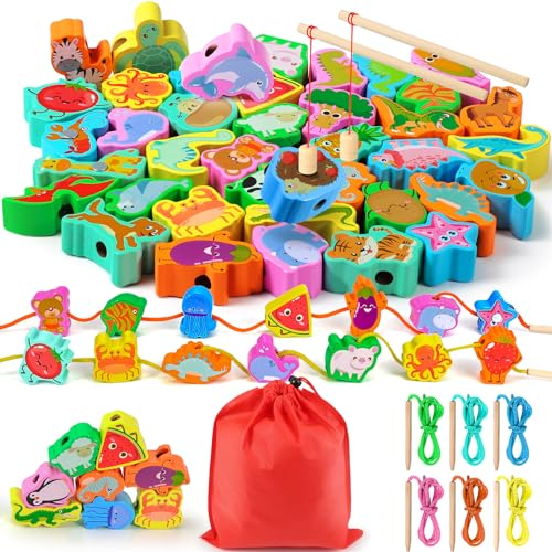 Ophy 48 STK Fädelspiel 6 Themen ab 2 3 4 5 6 Jahre für Kinder Holzperlen, Motorikspielzeug Geschenk für Kinder Lernspielzeug Holzspielzeug und Geburtstag Einfädeln Spielzeug ab 3 Jahre 4Seasons