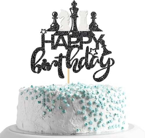 MonMon & Craft Chess Happy Birthday Cake Topper/International Chess/Chess Enthusiasts Birthday Party Decorations - Black Glitter