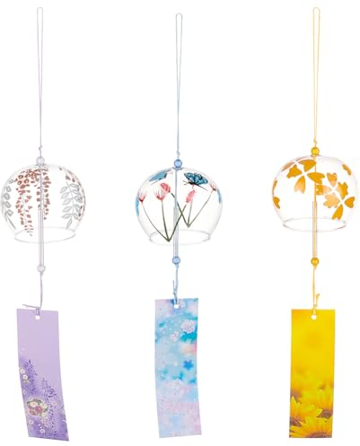 BENECREAT 3 Pcs 3 Couleurs Carillons Éoliens Ronds en Verre Japonais, Lumière Bleu Ciel, Jaune Doré Clair, Carillons Éoliens Violet Clair avec Pendentif de Bénédiction pour Jardin, Patio, Décoration