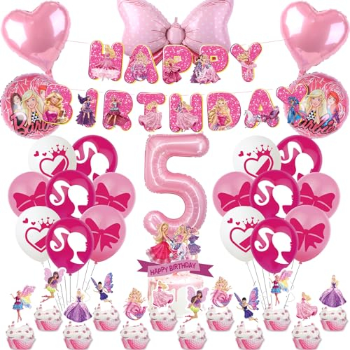 Prinzessin Deko Set für Mädchen 5 Jahre - 39 Stück Barbi Geburtstag Thema Mit Luftballon Rosa, Tortendeko, Happy Birthday Banner - Party Dekoration