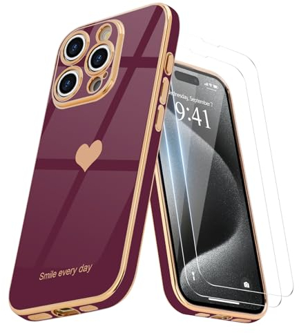 Teageo for iPhone 15 Pro Case with 2 Screen Protector Heart Pattern for Women Girls Luxury Bling Plating Soft TPU Anti-Scratch Shockproof Bumper Phone Case for iPhone 15 Pro, Wine red