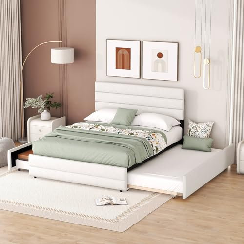 Cama Nido 140 x 200 Dos Camas,Cama Matrimonio,Cama Doble con Espacio de Almacenamiento,Cama Plegable con Dos cajones,Beige