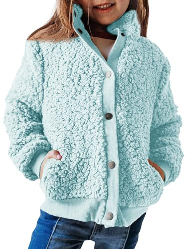 Haloumoning Giacca da ragazza a maniche lunghe Sherpa Teddy cappotto in pile per bambini giacca calda con tasche bottoni, Blu, 11-12 Anni