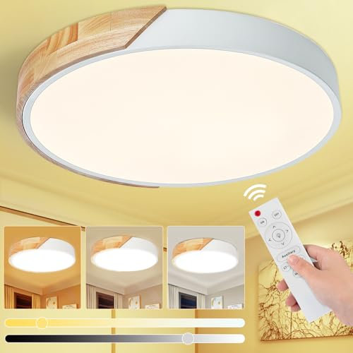 Glamexx24 Holz LED Deckenleuchte Deckenlampe Flach Rund Holz Lampe Ø50cm 3000-6000K 50W 4000LM dimmbar mit Fernbedienung für modern schlicht Schlafzimmer Wohnzimmer, Küche, Esszimmer