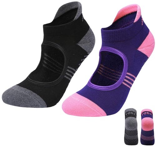 KEYRI 2 Paare Pilates Yoga Socken mit Griffen für Frauen und Mädchen Grippige Socken Rutschfeste Socken für Pilates, Ballett, Fitness, Tanz, Workout, Barre (Schwarz + Rosa, Einheitsgröße)
