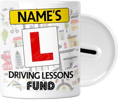 Personalised Gift - Driving Lessons Fund - Money Saving Box - Piggy Bank - 17th 18th Birthday Gift - Learner Driver Savings Jar - Keepsake - L Plate - Mens Womans Ladies Teens Gifts
