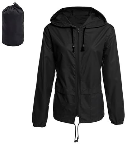 JiaYouLC Veste imperméable légère à capuche pliable pour femme - Protection solaire - Coupe-vent, Noir , L