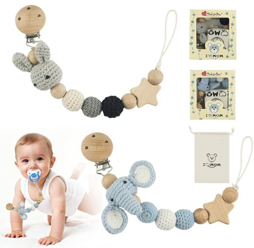 RNPKZ Handgemachte Schnullerkette, 2 Stück Baby Schnullerkette, 2-in-1 Bibs Schnullerkette mit Geschenkverpackung, Kaninchen Design & Blaue Elefanten, Geschenk für Babyparty, Geburtstag Weihnachten