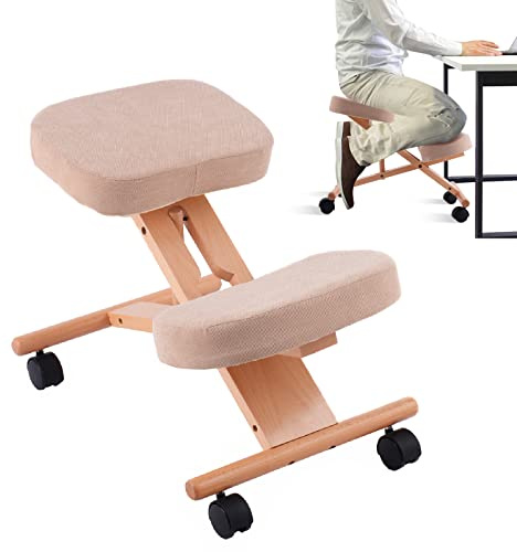 Multigot Kneeling Chair, Adjustable Height & Angle Ergonomic Stool with Padded Seat and Wheels, Wooden Frame Posture Corrective Chair for Home Office (Beige)