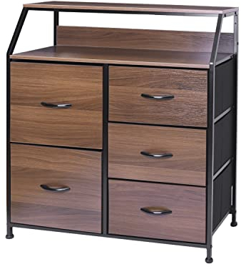 Meerveil Kommode, Kommode mit Schubladen, Schubladenschrank, Aufbewahrungsturm, Aufbewahrung Kommode mit 5 Schubladen für Wohnzimmer, Holzplatte, Schwarz Walnuss