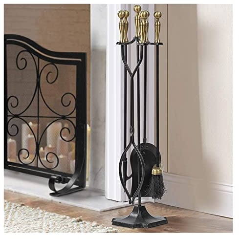 Kaminbesteck Schmiedeeisen Schwarz Kaminbesteck mit Messing Griffe, Herd Kamin Dekoration 5 Stück - Zange/Schaufel/Schürhaken/Ascheschaufel, für Wohnzimmer/Küche/Garten