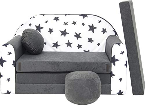 All4All Kindersofa - Klappsofa - Schlafsofa 3in1 - Velo - Spielsofa für Kinder - Sofa zum Aufklappen - mit Pouf - faltbar - zum Schlafen – Schaumstoff Sofa (AC1 Grau + Sternen)