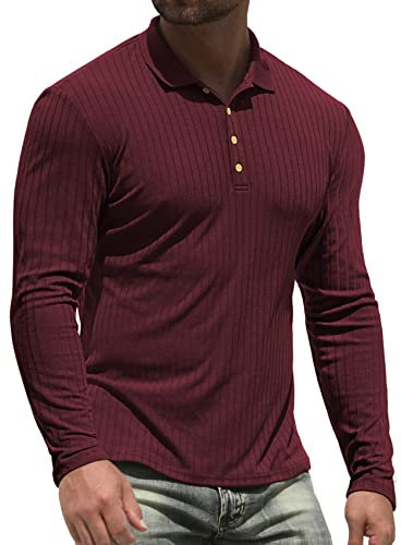NITAGUT Men's Polo Shirts Long Sleeve Top Casual Slim Fit Golf Shirts Wine Red, Medium