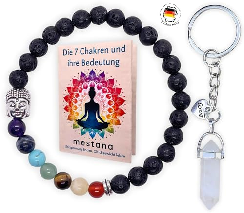 Chakra Armband Echte Heilsteine, Lavastein und Buddha-Perle + Heftchen zur Bedeutung + Bergkristall-Schlüsselanhänger. Chakren Perlenarmband aus 6mm Naturstein. Meditation Zubehör. Yoga Schmuck.