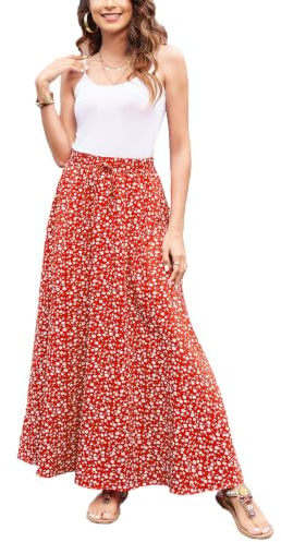 Hount Damen Rock Elastische Taille Maxirock Elegant Sommerrock Freizeitrock Lang Strandrock mit Kordelzug