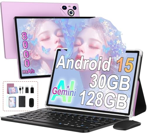 Tablette Android 15 10, 30 Go RAM et clavier-souris- 8000mAh - Violet